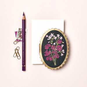 mini oval card with gold scallop edge blank inside stationary greeting spring march clover  botanical purple