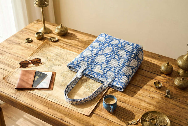 Quilted Tote - Reversible Indigo floral bag - Little Flower Soap Cobagblock printfloralbag