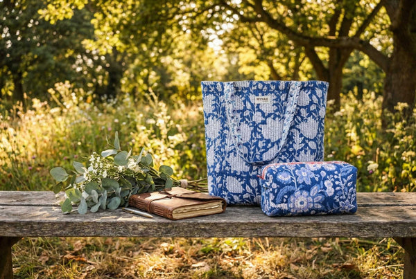 Quilted Tote - Reversible Indigo floral bag - Little Flower Soap Cobagblock printfloralbag