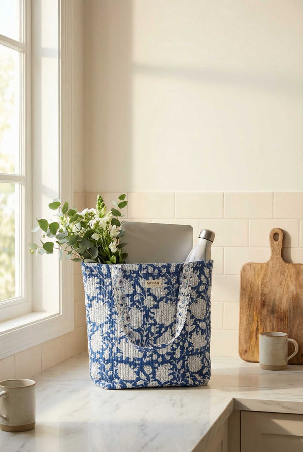 Quilted Tote - Reversible Indigo floral bag - Little Flower Soap Cobagblock printfloralbag