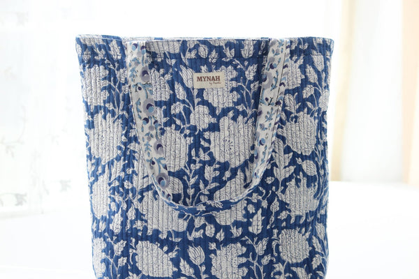 Quilted Tote - Reversible Indigo floral bag - Little Flower Soap Cobagblock printfloralbag