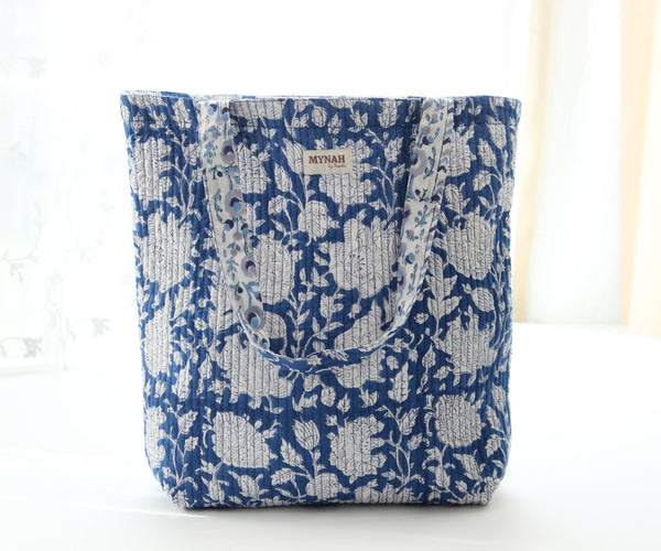 Quilted Tote - Reversible Indigo floral bag - Little Flower Soap Cobagblock printfloralbag