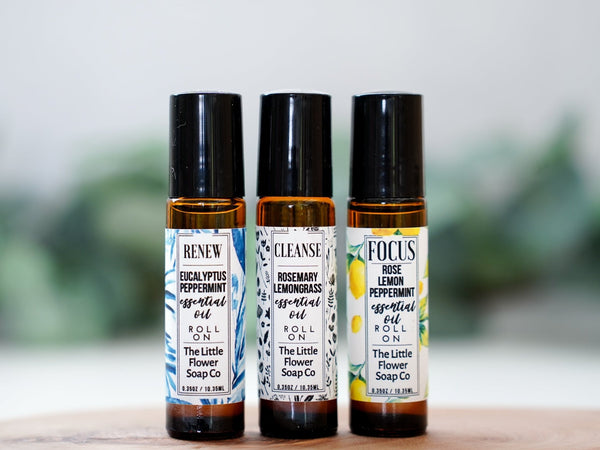 Renew, Cleanse & Focus Essential Oil Roll-On Set of 3 - Little Flower Soap Coaromatherapy gift setessential oil giftsessential oil roll on setEssential Oils