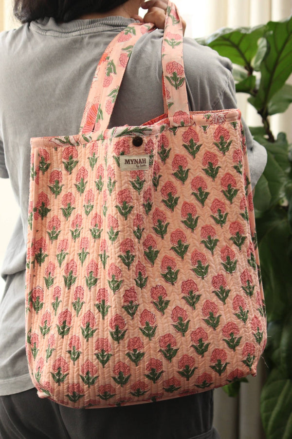 Reversible Quilted Tote Bag - Coral Poppy Print | Laptop Tote - Little Flower Soap Coblock-printgifthandcrafted
