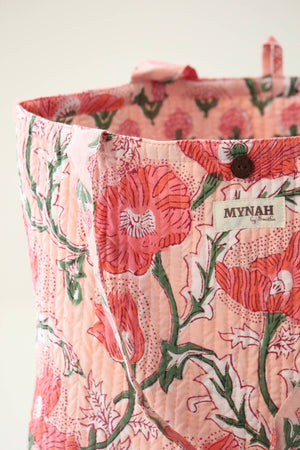 Reversible Quilted Tote Bag - Coral Poppy Print | Laptop Tote - Little Flower Soap Coblock-printgifthandcrafted