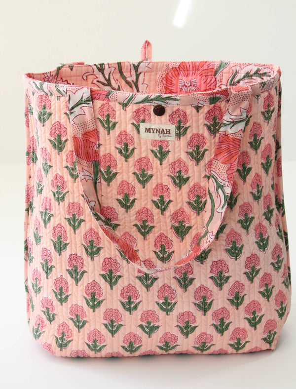 Reversible Quilted Tote Bag - Coral Poppy Print | Laptop Tote - Little Flower Soap Coblock-printgifthandcrafted