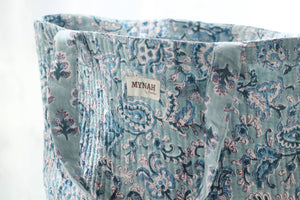 Reversible Quilted Tote Bag - Teal Paisley & Blue Thistle Print | Laptop Tote - Little Flower Soap Coblock-printgifthandcrafted