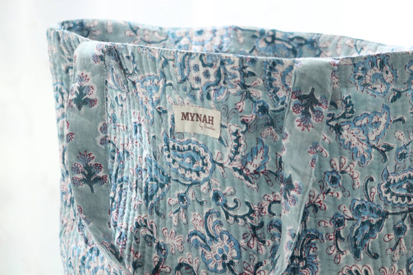 Reversible Quilted Tote Bag - Teal Paisley & Blue Thistle Print | Laptop Tote - Little Flower Soap Coblock-printgifthandcrafted
