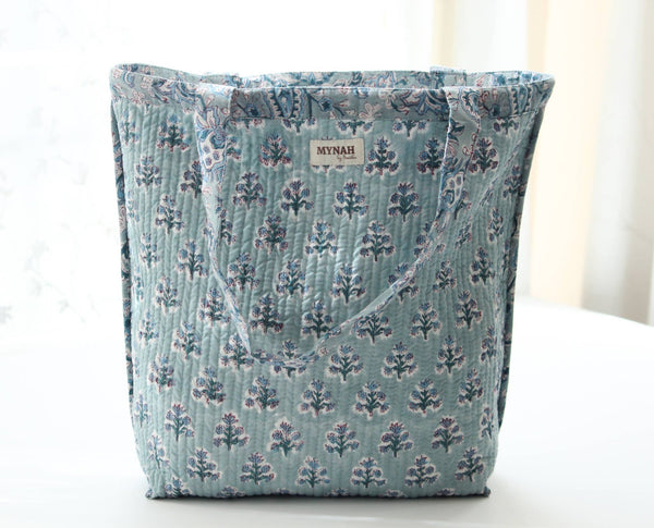 Reversible Quilted Tote Bag - Teal Paisley & Blue Thistle Print | Laptop Tote - Little Flower Soap Coblock-printgifthandcrafted