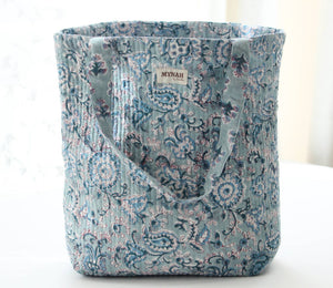 Reversible Quilted Tote Bag - Teal Paisley & Blue Thistle Print | Laptop Tote - Little Flower Soap Coblock-printgifthandcrafted