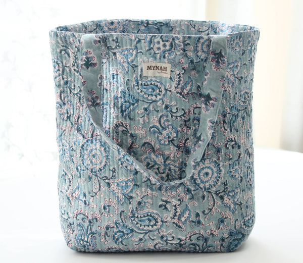 Reversible Quilted Tote Bag - Teal Paisley & Blue Thistle Print | Laptop Tote - Little Flower Soap Coblock-printgifthandcrafted