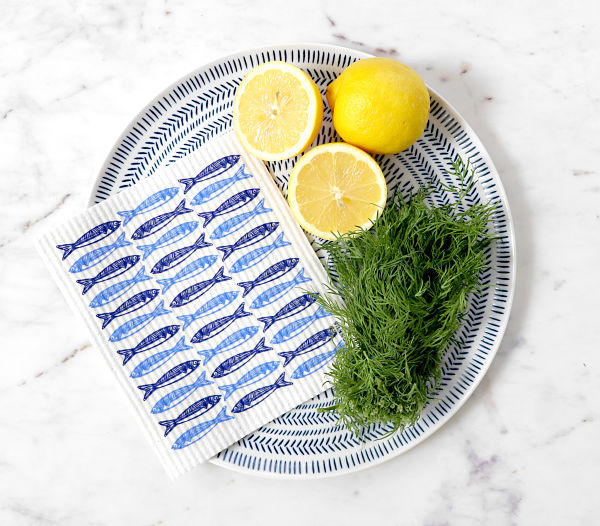 Swedish Dish Cloth - Sardines Blue Folk Print