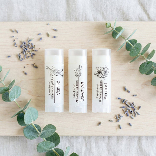 the little flower soap co lip balm vanilla lavender almond handmade natural chapstick set of 3 for 12