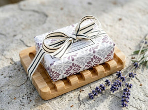 lavender lemongrass handmade bar soap gift set on a waterfall bamboo soap dish with ribbon