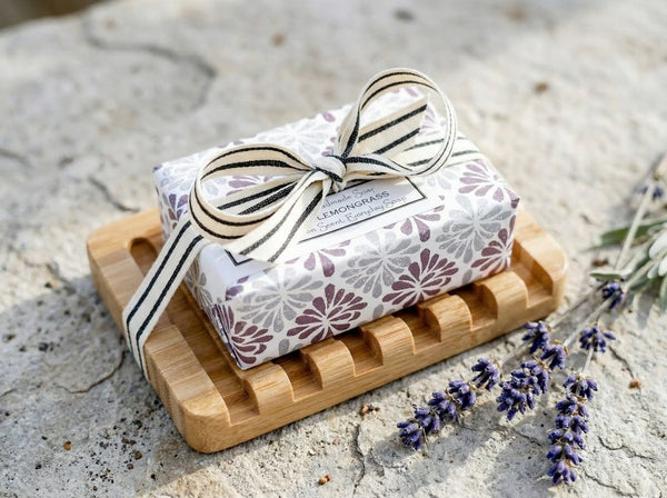 lavender lemongrass handmade bar soap gift set on a waterfall bamboo soap dish with ribbon