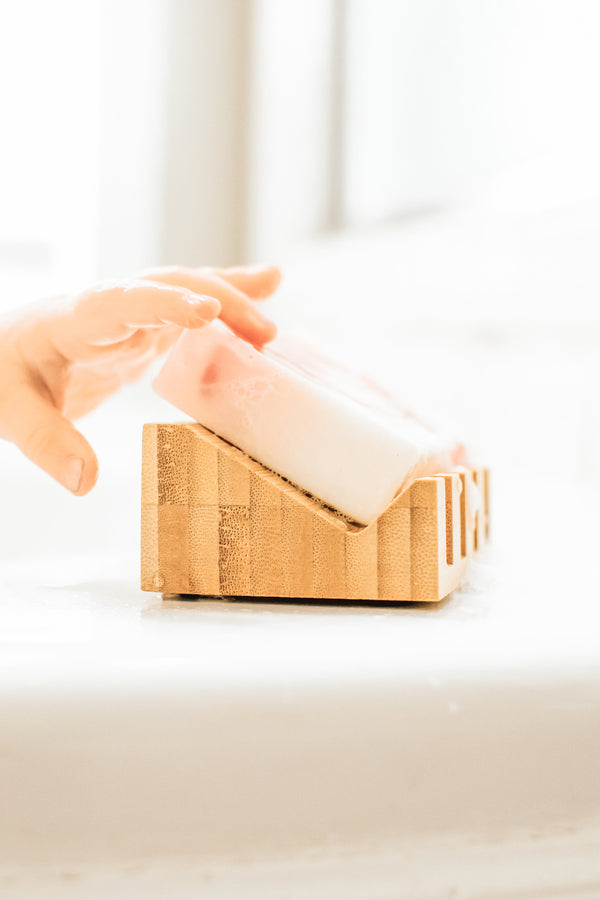 bamboo soap dish slanted self draining eco friendly 
