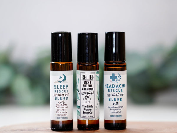 Sleep Rescue, Headache Rescue & Relief Bug Bite Roll-On Set of 3 - Little Flower Soap Coaromatherapy gift setbug bite reliefessential oil roll on setEssential Oils