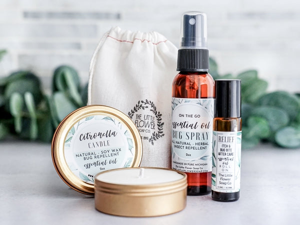 Small Outdoorsy Gift Set - Natural Bug Spray, Candle and Itch Relief Roll on - Little Flower Soap Co