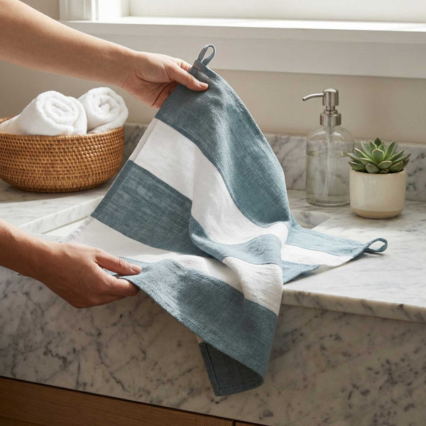 Striped Linen Tea Towel - Gray Blue - Little Flower Soap Cobathroom decoreasterfarmhouse decorlinen