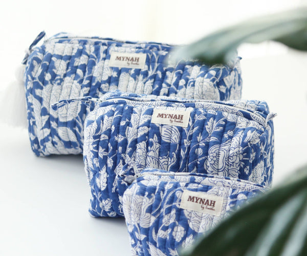 Indigo batik floral quilted travel makeup organizer bags set of three