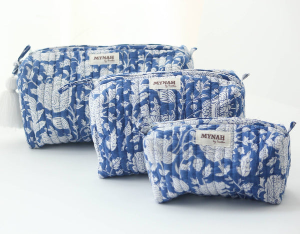 Travel make - up organizer bag - Set of 3 Indigo batik floral - Little Flower Soap Coblock printhandmadeindigobag