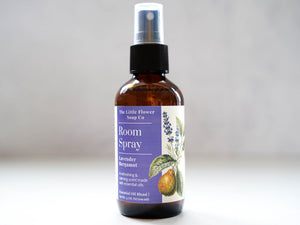 Lavender bergamot Room spray bottle with a label on a light background vintage botancial graphic by the little flower soap co decorative bottle for farmhouse kitchen or bath

