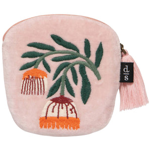 Embroidered art deco floral Velvet Coin Purse with tassle