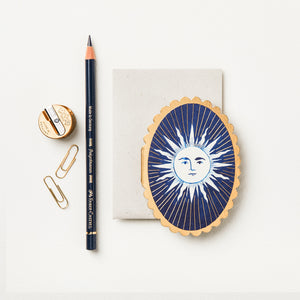 Vintage celestial moon with face card navy white and gold mini card blank inside with scalloped edge for birthday just because solstice.