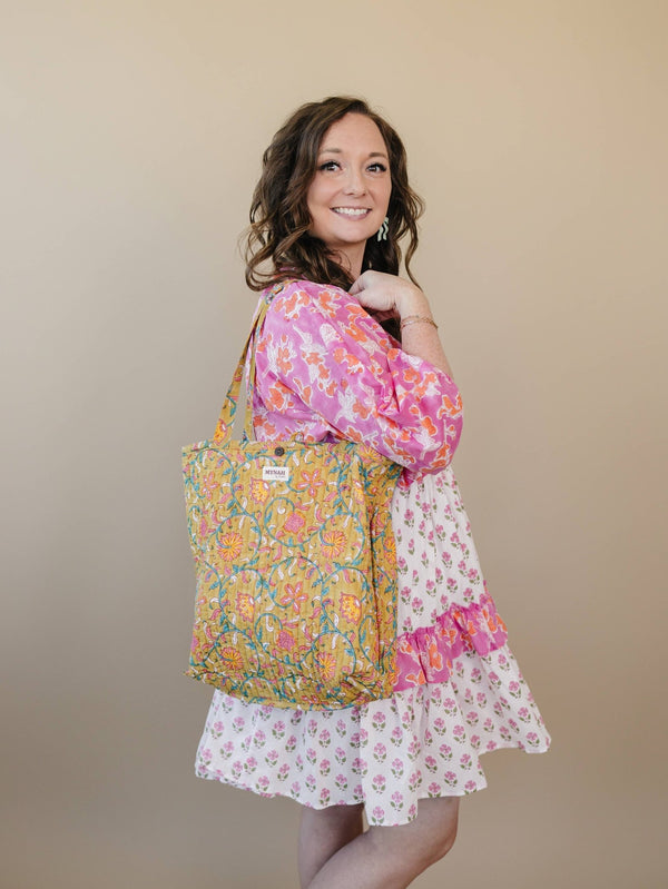 Yellow Batik Quilted Reversible Tote Bag - Little Flower Soap Cobatikblock-printcortinabag