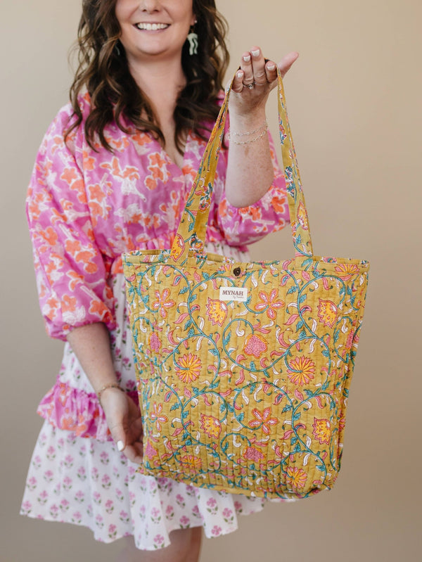 Yellow Batik Quilted Reversible Tote Bag - Little Flower Soap Cobatikblock-printcortinabag
