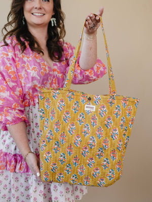Yellow Batik Quilted Reversible Tote Bag - Little Flower Soap Cobatikblock-printcortinabag