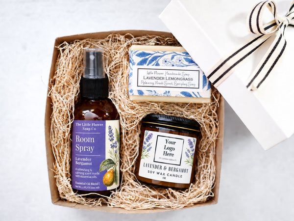 Your Logo Lavender Gift Box | Candle, Room Spray & Soap - Little Flower Soap CoCorporate Giftingcorporate giftsCustom Labelcorporate gift