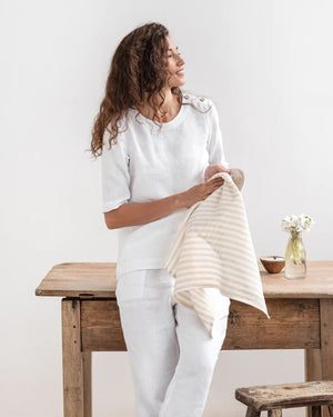 Zero - Waste Striped Linen Tea Towel - Oatmeal Stripe - Little Flower Soap Co