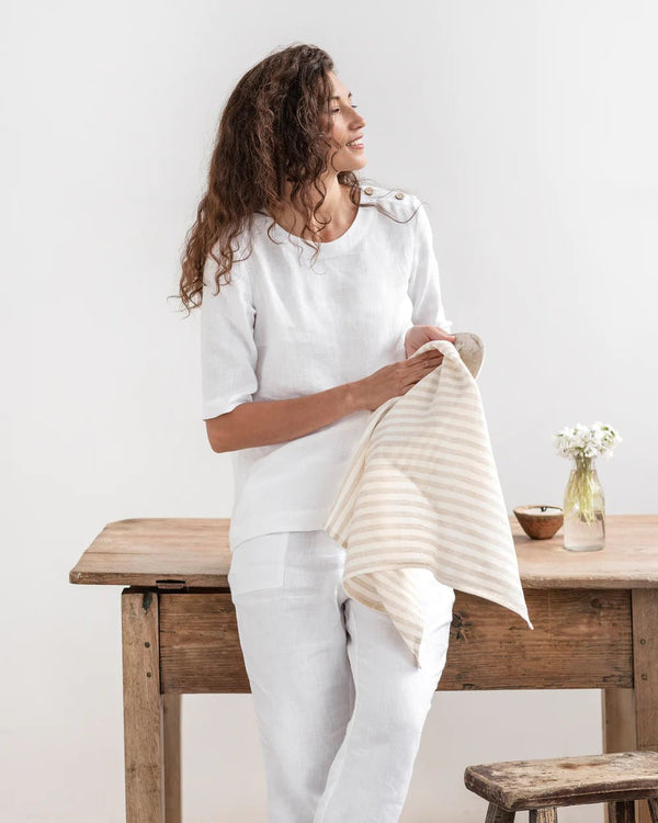 Zero - Waste Striped Linen Tea Towel - Oatmeal Stripe - Little Flower Soap Co