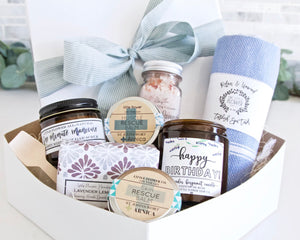 Happy Birthday Relaxation Spa Gift Box - Womens Gift Baskets for Birthday - 8 Piece - Little Flower Soap Co
