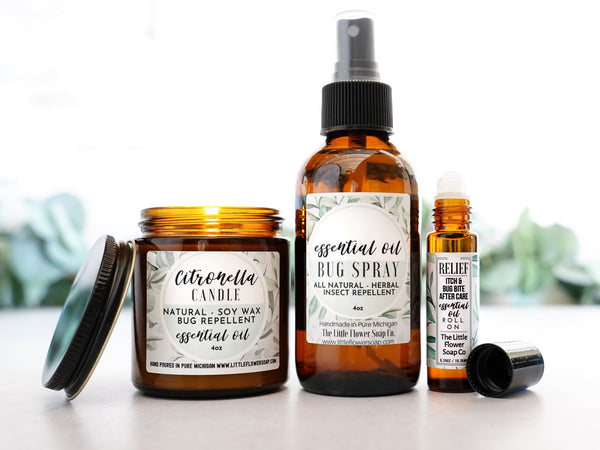 Small Outdoorsy Gift Set - Natural Bug Spray, Candle and Itch Relief Roll on - Little Flower Soap Co