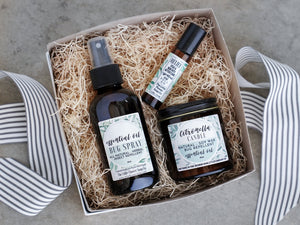 Small Outdoorsy Gift Set - Natural Bug Spray, Candle and Itch Relief Roll on - Little Flower Soap Co