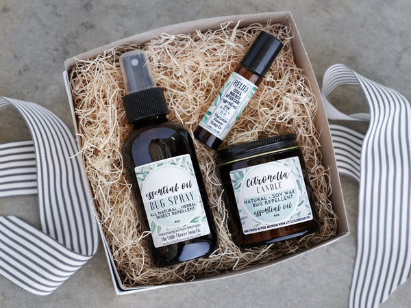 Small Outdoorsy Gift Set - Natural Bug Spray, Candle and Itch Relief Roll on - Little Flower Soap Co