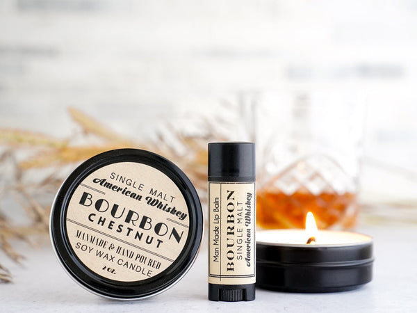 Unique & Funny Gifts for Men - Bourbon Candle and Lip Balm - Little Flower Soap Co