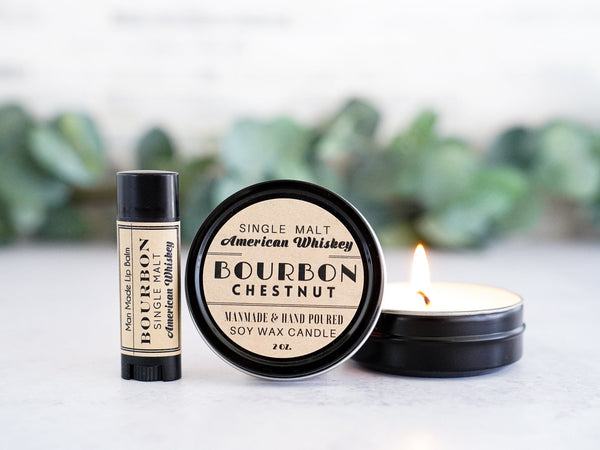 Unique & Funny Gifts for Men - Bourbon Candle and Lip Balm - Little Flower Soap Co